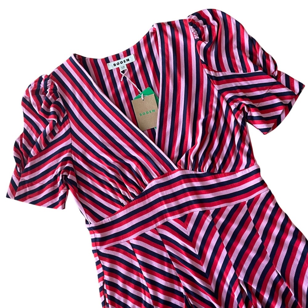 NWT Boden Kristen Pleated Jersey Dress Striped Red Pink Navy Romantic US 8R - Picture 4 of 15